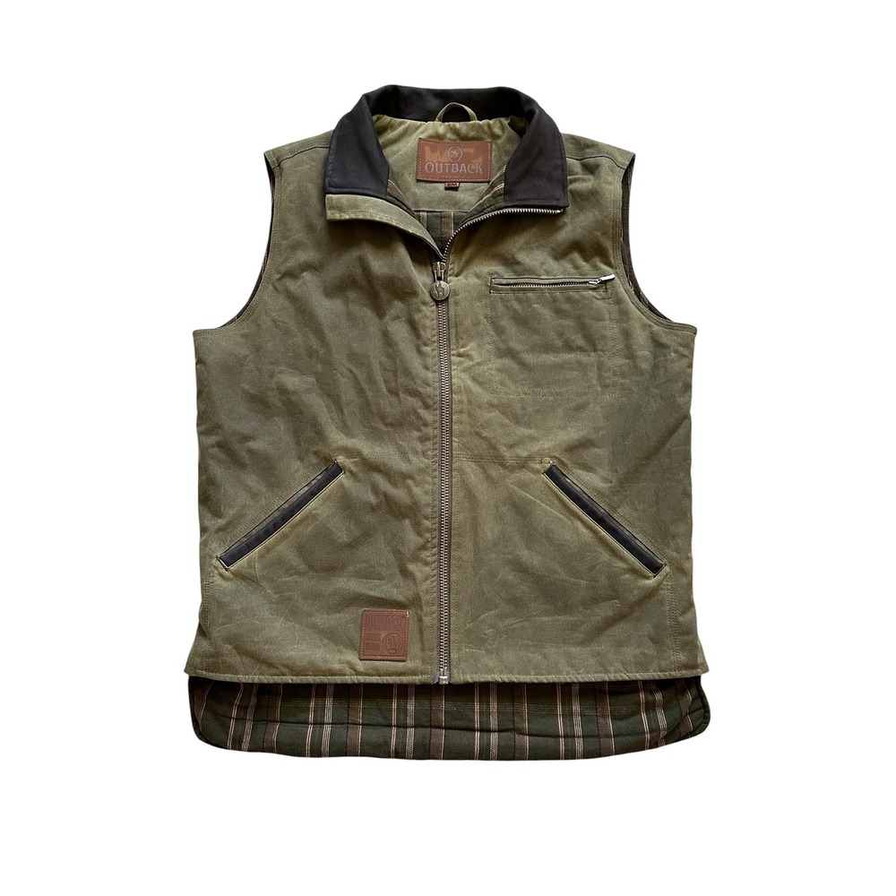 Workwear Outback Trading Co Sawbuck Oilskin Vest Small Green Utility Plaid